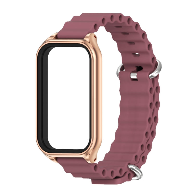 For Xiaomi Smart Band 8 Active / Redmi Band 2 Mijobs Metal Shell Ocean Silicone Watch Band(Wine Red Rose Gold)