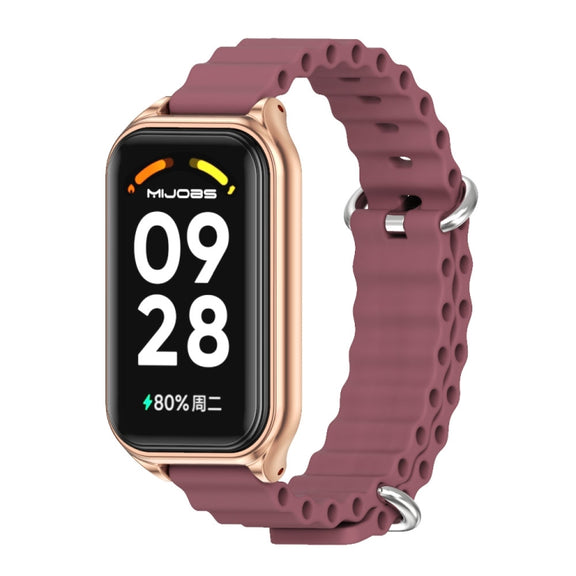 For Xiaomi Smart Band 8 Active / Redmi Band 2 Mijobs Metal Shell Ocean Silicone Watch Band(Wine Red Rose Gold)