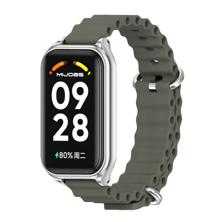 For Xiaomi Smart Band 8 Active / Redmi Band 2 Mijobs Metal Shell Ocean Silicone Watch Band(khaki Green Silver)