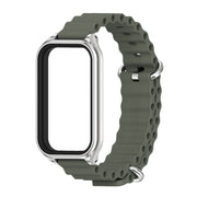 For Xiaomi Smart Band 8 Active / Redmi Band 2 Mijobs Metal Shell Ocean Silicone Watch Band(khaki Green Silver)