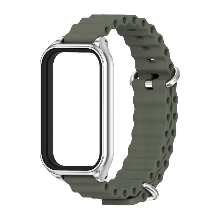 For Xiaomi Smart Band 8 Active / Redmi Band 2 Mijobs Metal Shell Ocean Silicone Watch Band(khaki Green Silver)