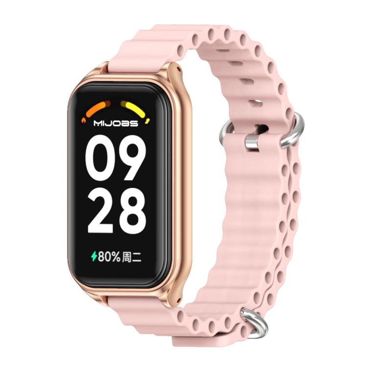 For Xiaomi Smart Band 8 Active / Redmi Band 2 Mijobs Metal Shell Ocean Silicone Watch Band(Pink Rose Gold)