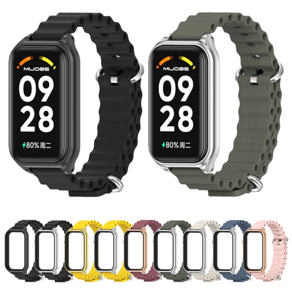 For Xiaomi Smart Band 8 Active / Redmi Band 2 Mijobs Metal Shell Ocean Silicone Watch Band(khaki Green Silver)