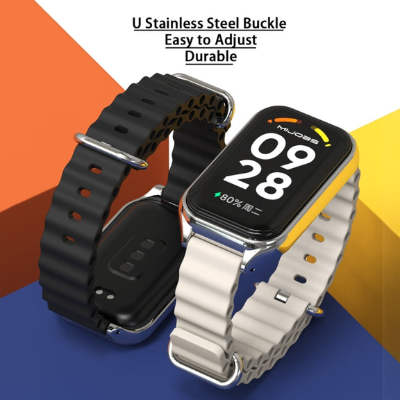 For Xiaomi Smart Band 8 Active / Redmi Band 2 Mijobs Metal Shell Ocean Silicone Watch Band(khaki Green Silver)