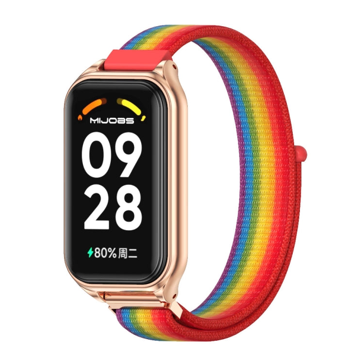 For Xiaomi Smart Band 8 Active / Redmi Band 2 Mijobs Metal Shell Breathable Nylon Loop Watch Band(Rainbow Rose Gold)