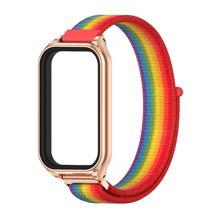 For Xiaomi Smart Band 8 Active / Redmi Band 2 Mijobs Metal Shell Breathable Nylon Loop Watch Band(Rainbow Rose Gold)