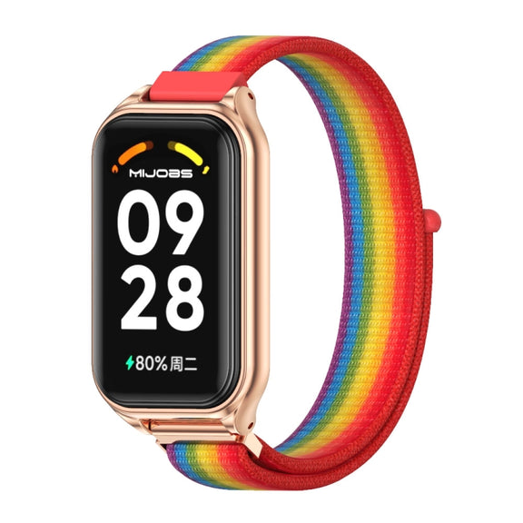 For Xiaomi Smart Band 8 Active / Redmi Band 2 Mijobs Metal Shell Breathable Nylon Loop Watch Band(Rainbow Rose Gold)