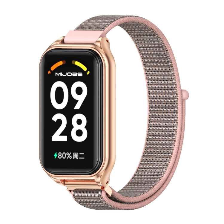 For Xiaomi Smart Band 8 Active / Redmi Band 2 Mijobs Metal Shell Breathable Nylon Loop Watch Band(Pink Rose Gold)