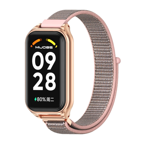 For Xiaomi Smart Band 8 Active / Redmi Band 2 Mijobs Metal Shell Breathable Nylon Loop Watch Band(Pink Rose Gold)