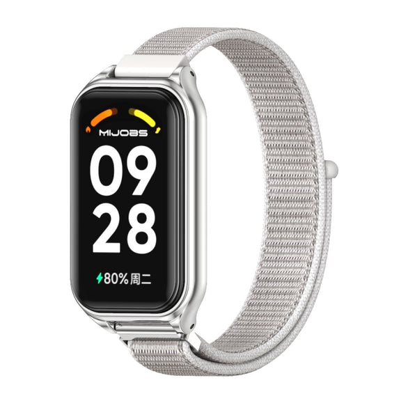 For Xiaomi Smart Band 8 Active / Redmi Band 2 Mijobs Metal Shell Breathable Nylon Loop Watch Band(Sea Shell Silver)