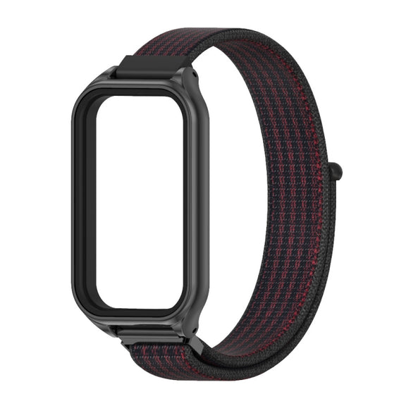 For Xiaomi Smart Band 8 Active / Redmi Band 2 Mijobs Metal Shell Breathable Nylon Loop Watch Band(Black Red)