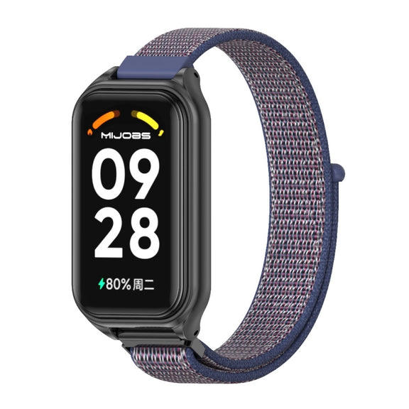 For Xiaomi Smart Band 8 Active / Redmi Band 2 Mijobs Metal Shell Breathable Nylon Loop Watch Band(Midnight Blue Black)