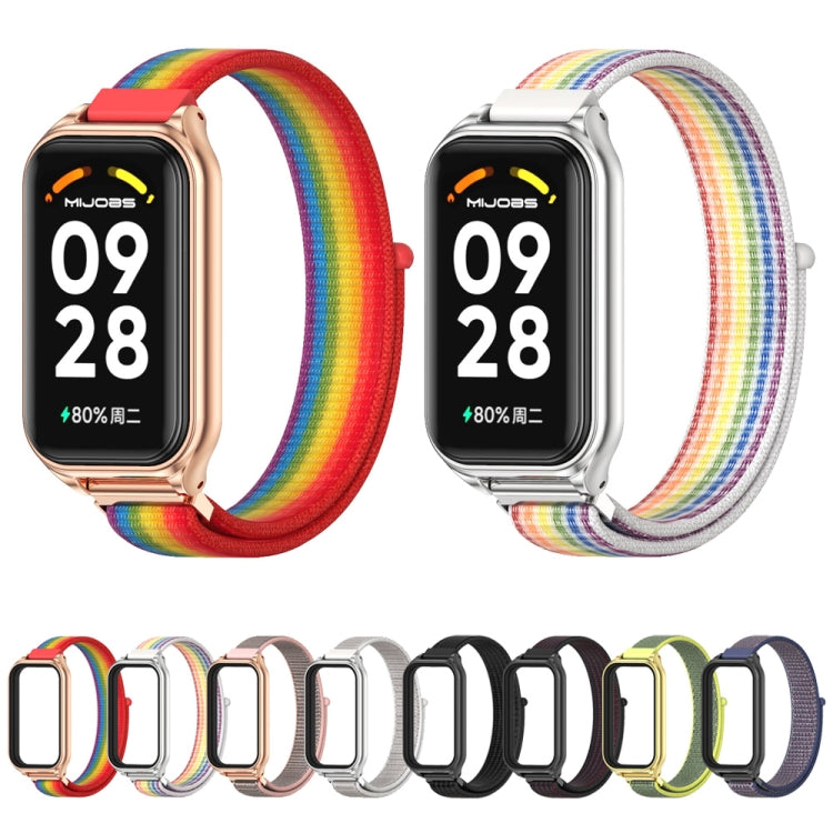 For Xiaomi Smart Band 8 Active / Redmi Band 2 Mijobs Metal Shell Breathable Nylon Loop Watch Band(Pink Rose Gold)