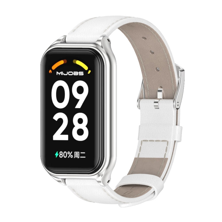 For Xiaomi Smart Band 8 Active / Redmi Band 2 Mijobs Metal Shell Genuine Leather Watch Band(White Silver)