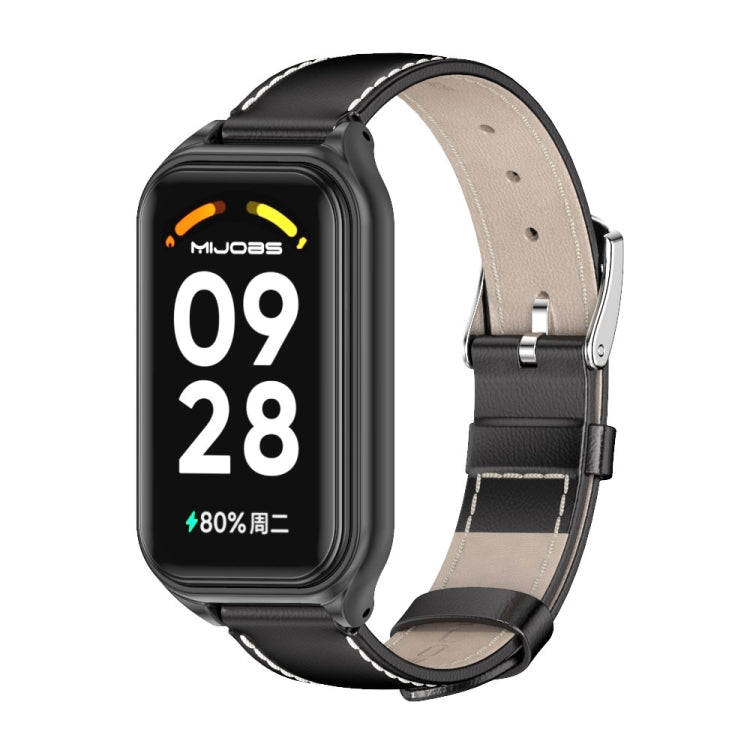 For Xiaomi Smart Band 8 Active / Redmi Band 2 Mijobs Metal Shell Genuine Leather Watch Band(Black)
