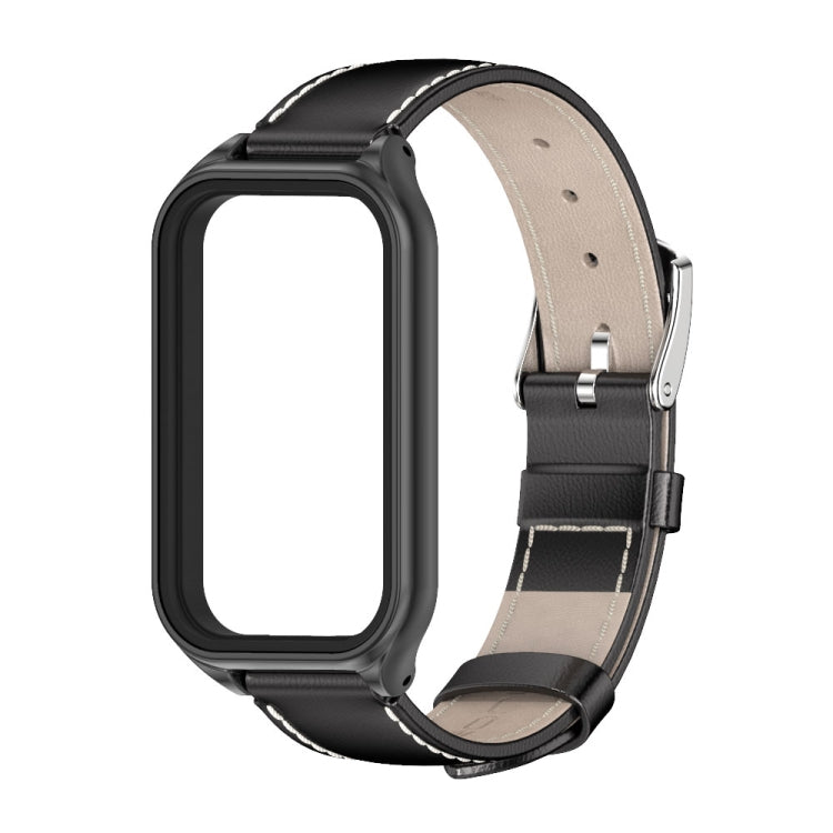 For Xiaomi Smart Band 8 Active / Redmi Band 2 Mijobs Metal Shell Genuine Leather Watch Band(Black)