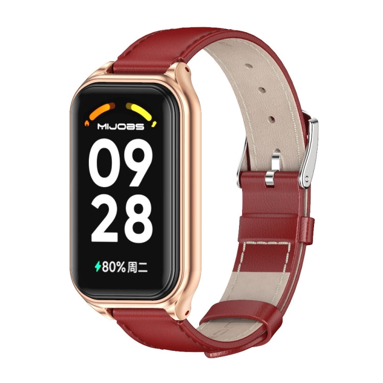 For Xiaomi Smart Band 8 Active / Redmi Band 2 Mijobs Metal Shell Genuine Leather Watch Band(Red Rose Gold)