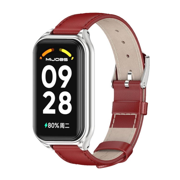For Xiaomi Smart Band 8 Active / Redmi Band 2 Mijobs Metal Shell Genuine Leather Watch Band(Red Silver)