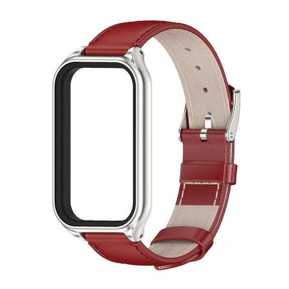 For Xiaomi Smart Band 8 Active / Redmi Band 2 Mijobs Metal Shell Genuine Leather Watch Band(Red Silver)