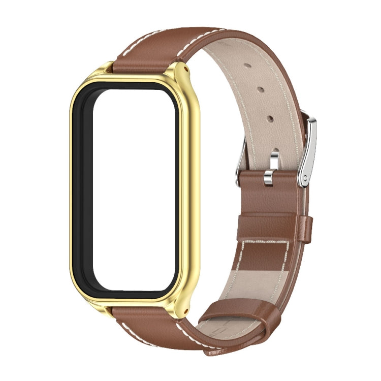 For Xiaomi Smart Band 8 Active / Redmi Band 2 Mijobs Metal Shell Genuine Leather Watch Band(Brown Gold)