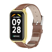 For Xiaomi Smart Band 8 Active / Redmi Band 2 Mijobs Metal Shell Genuine Leather Watch Band(Brown Gold)