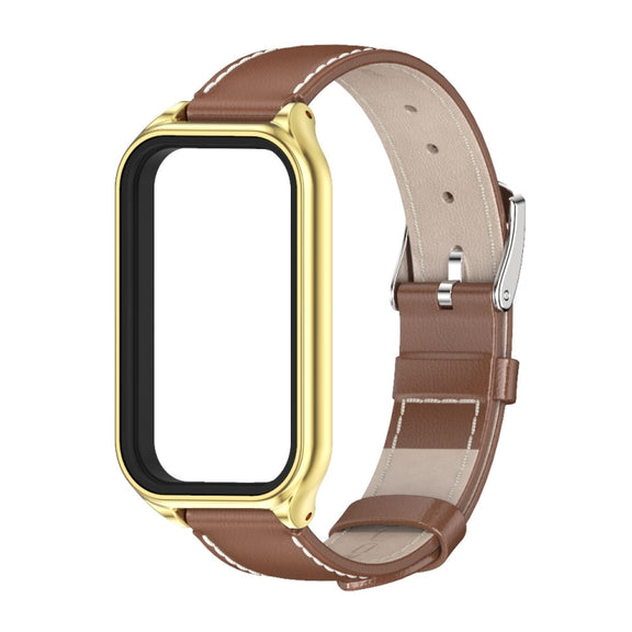 For Xiaomi Smart Band 8 Active / Redmi Band 2 Mijobs Metal Shell Genuine Leather Watch Band(Brown Gold)