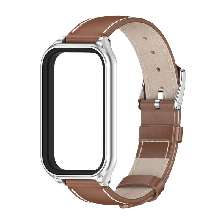 For Xiaomi Smart Band 8 Active / Redmi Band 2 Mijobs Metal Shell Genuine Leather Watch Band(Brown Silver)