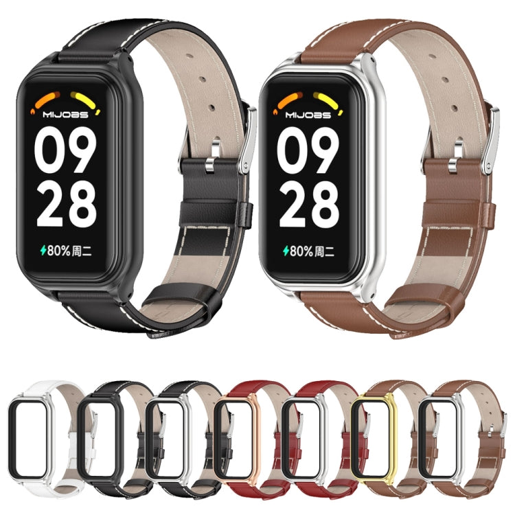 For Xiaomi Smart Band 8 Active / Redmi Band 2 Mijobs Metal Shell Genuine Leather Watch Band(Brown Silver)