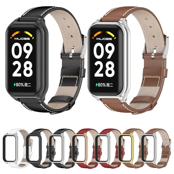 For Xiaomi Smart Band 8 Active / Redmi Band 2 Mijobs Metal Shell Genuine Leather Watch Band(Brown Silver)