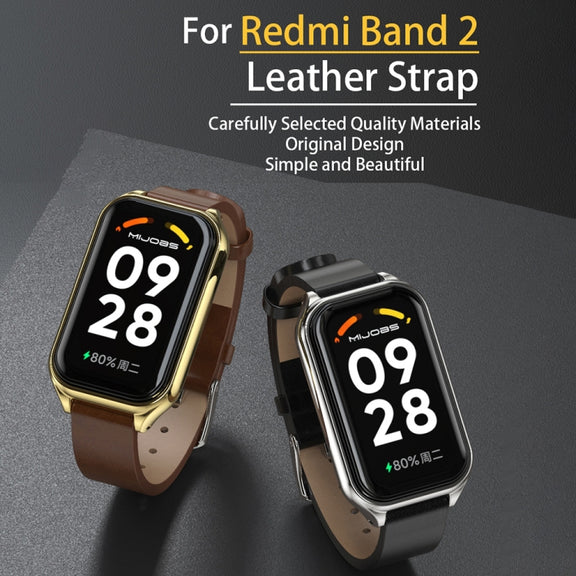 For Xiaomi Smart Band 8 Active / Redmi Band 2 Mijobs Metal Shell Genuine Leather Watch Band(Brown Silver)