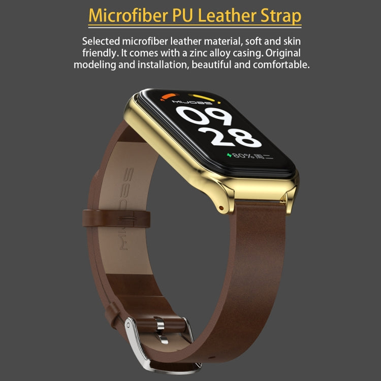 For Xiaomi Smart Band 8 Active / Redmi Band 2 Mijobs Metal Shell Genuine Leather Watch Band(Brown Silver)