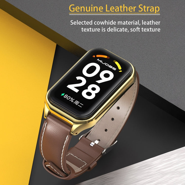 For Xiaomi Smart Band 8 Active / Redmi Band 2 Mijobs Metal Shell Genuine Leather Watch Band(Brown Silver)