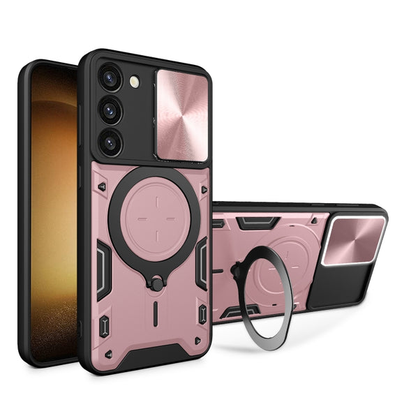 For Samsung Galaxy S23 5G CD Texture Sliding Camshield Magnetic Holder Phone Case(Pink)