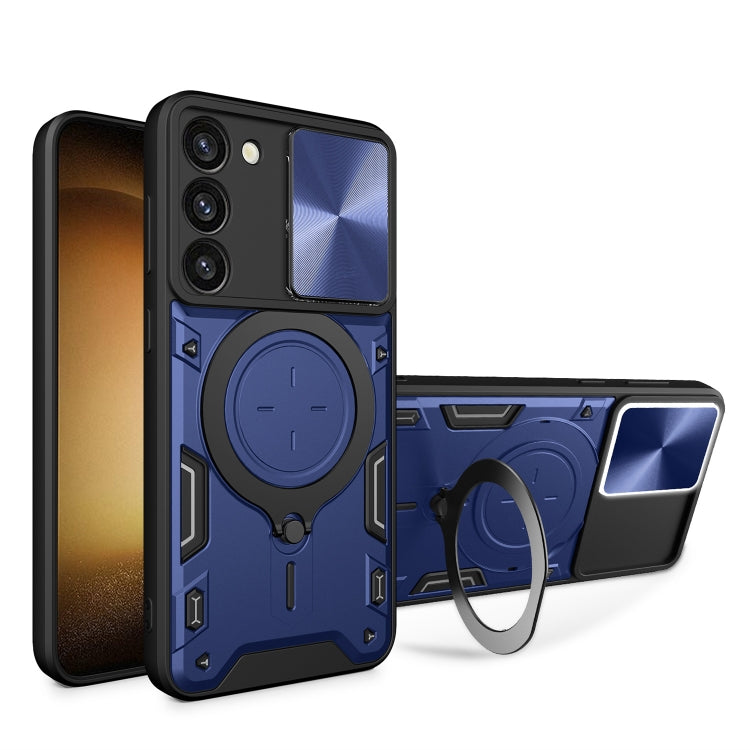 For Samsung Galaxy S23 5G CD Texture Sliding Camshield Magnetic Holder Phone Case(Blue)