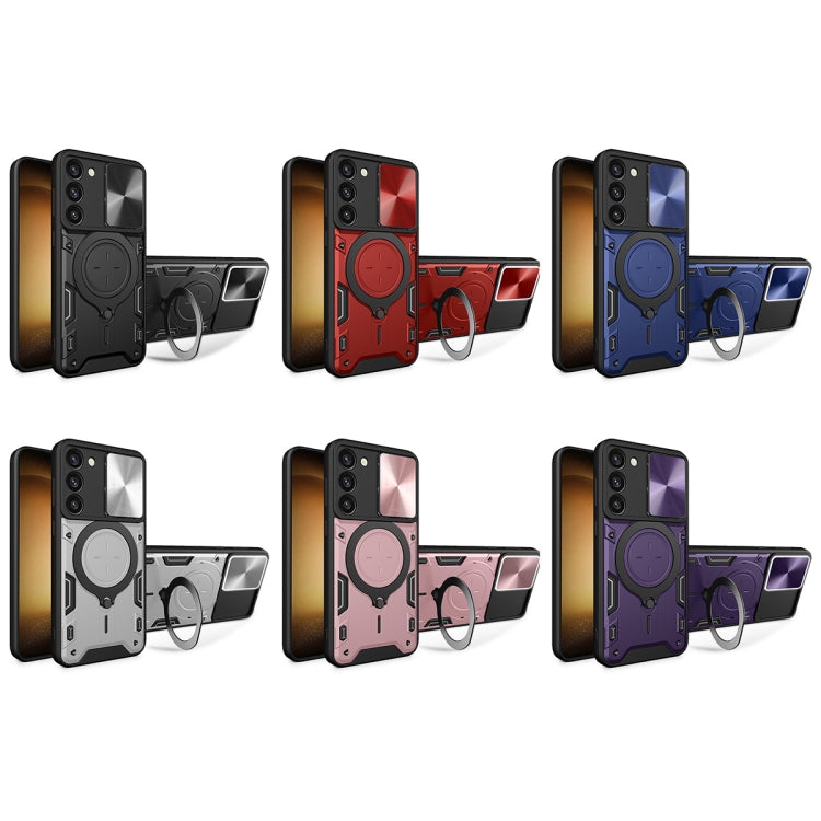 For Samsung Galaxy S23 5G CD Texture Sliding Camshield Magnetic Holder Phone Case(Blue)