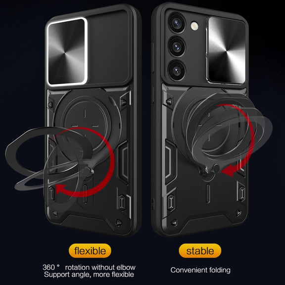 For Samsung Galaxy S23+ 5G CD Texture Sliding Camshield Magnetic Holder Phone Case(Black)
