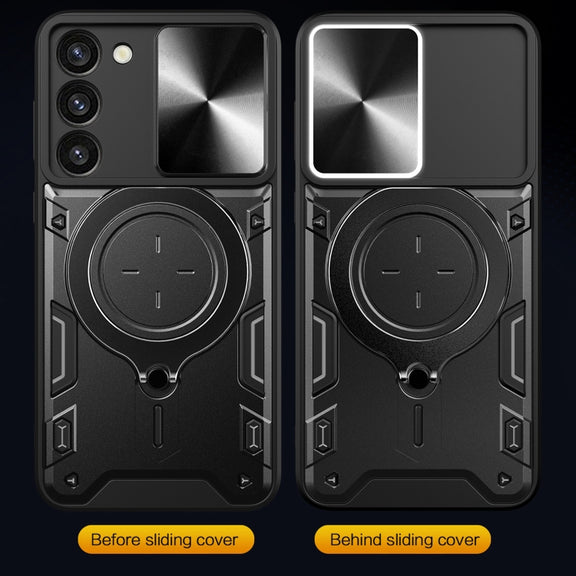 For Samsung Galaxy S23+ 5G CD Texture Sliding Camshield Magnetic Holder Phone Case(Black)
