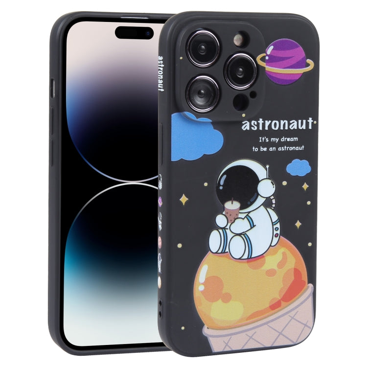 For iPhone 14 Pro Max Milk Tea Astronaut Pattern Liquid Silicone Phone Case(Ivory Black)