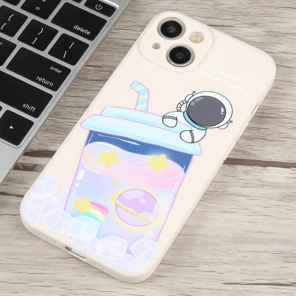 For iPhone 14 Milk Tea Astronaut Pattern Liquid Silicone Phone Case(Ivory White)