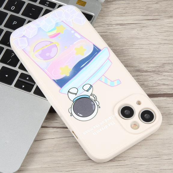 For iPhone 14 Milk Tea Astronaut Pattern Liquid Silicone Phone Case(Ivory White)