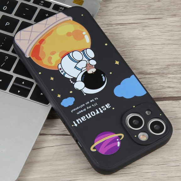 For iPhone 14 Plus Milk Tea Astronaut Pattern Liquid Silicone Phone Case(Ivory Black)