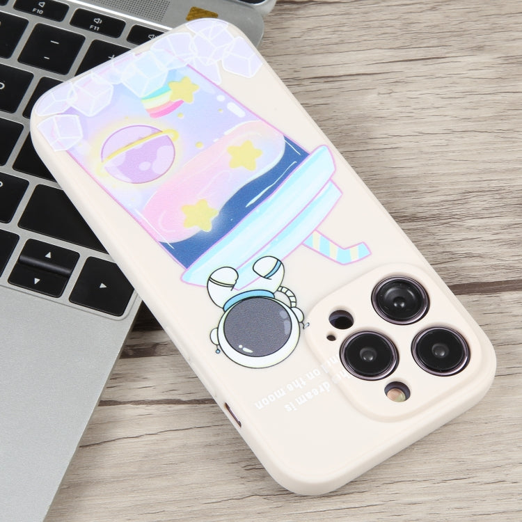 For iPhone 13 Pro Max Milk Tea Astronaut Pattern Liquid Silicone Phone Case(Ivory White)