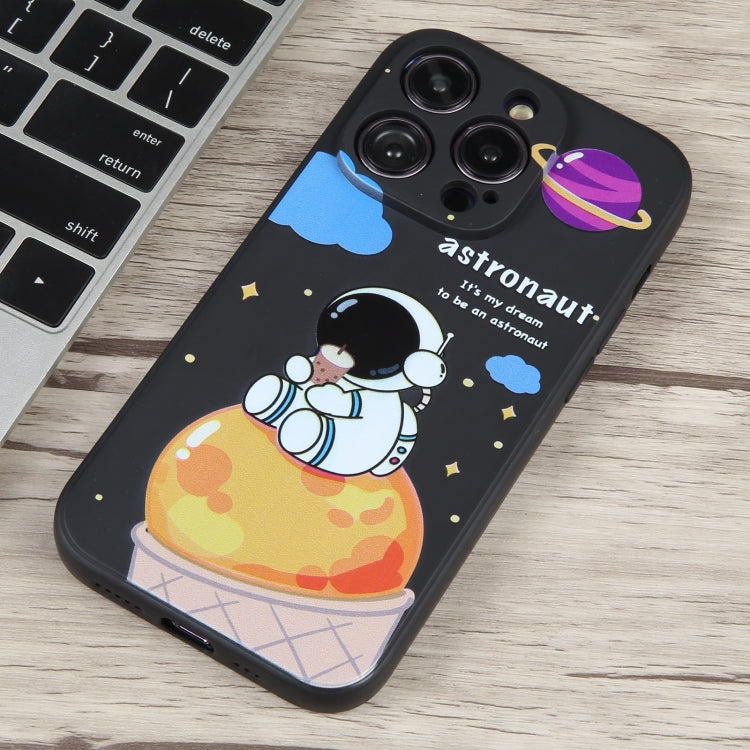 For iPhone 13 Pro Milk Tea Astronaut Pattern Liquid Silicone Phone Case(Ivory Black)