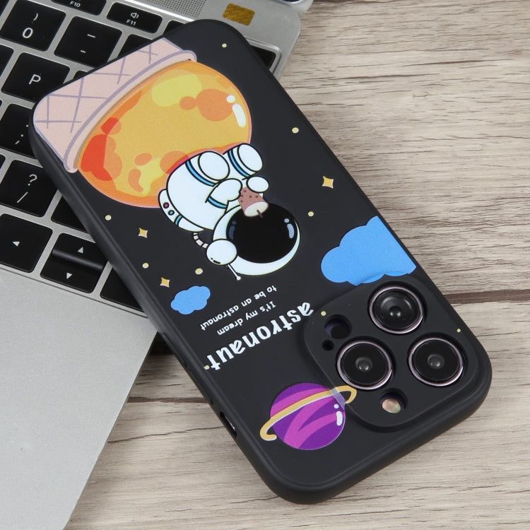For iPhone 13 Pro Milk Tea Astronaut Pattern Liquid Silicone Phone Case(Ivory Black)