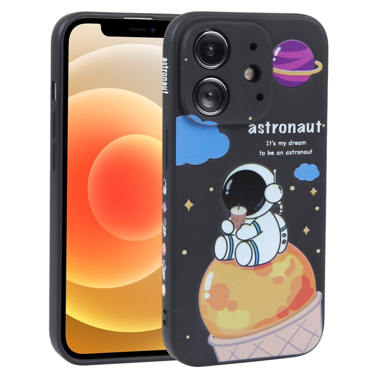 For iPhone 12 Milk Tea Astronaut Pattern Liquid Silicone Phone Case(Ivory Black)