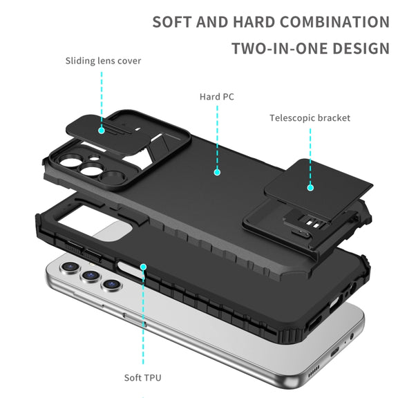 For Samsung Galaxy A14 5G Stereoscopic Holder Sliding Camshield Phone Case(Black)