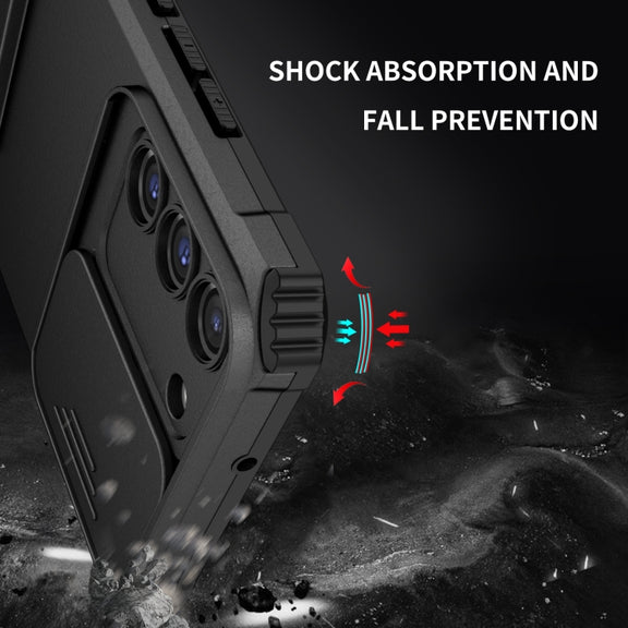 For Samsung Galaxy S22 5G Stereoscopic Holder Sliding Camshield Phone Case(Black)