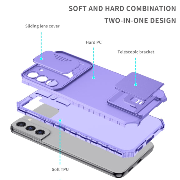 For Samsung Galaxy S22+ 5G Stereoscopic Holder Sliding Camshield Phone Case(Purple)