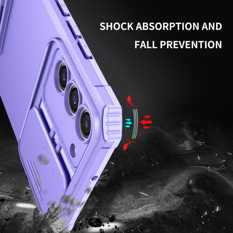 For Samsung Galaxy S22+ 5G Stereoscopic Holder Sliding Camshield Phone Case(Purple)