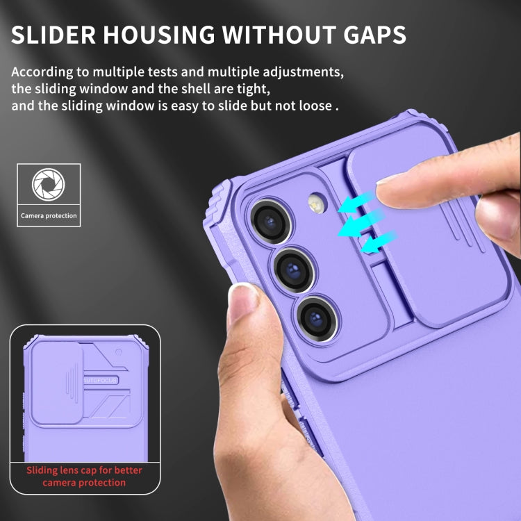 For Samsung Galaxy S22+ 5G Stereoscopic Holder Sliding Camshield Phone Case(Purple)
